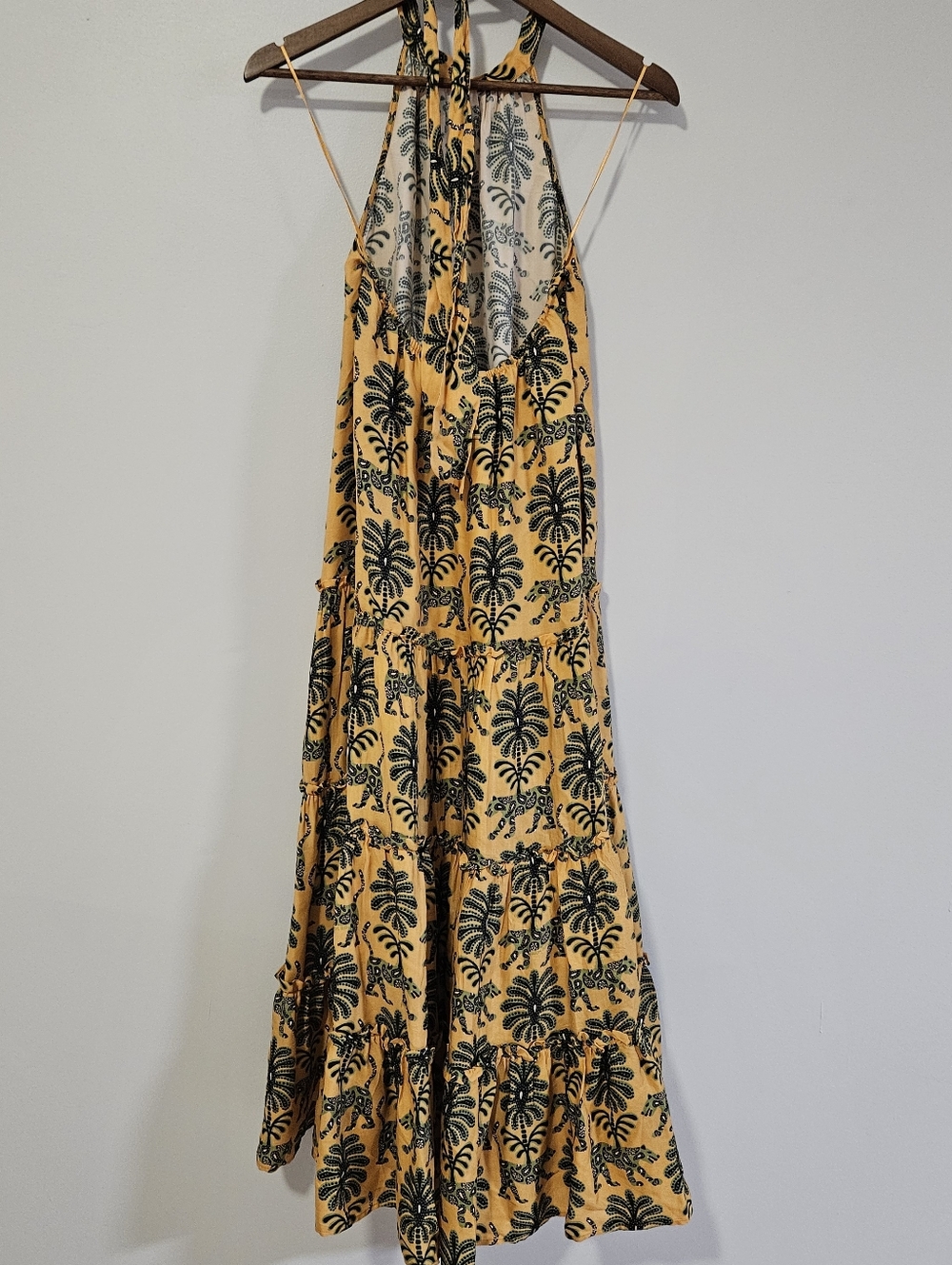 Anthropologie Farm Rio Satin Halter Dress Size XS Petite Gold Animal Floral - Picture 6 of 9